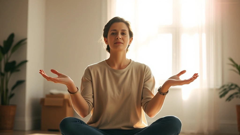 Person sitting peacefully in a sunlit room with open hands, expressing calm confidence and inner strength, soft natural lighting, serene atmosphere