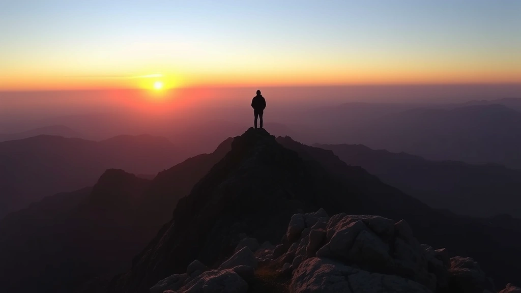 Mountain landscape at sunrise with a solitary figure standing at the peak looking toward the horizon, symbolizing achievement and perspective