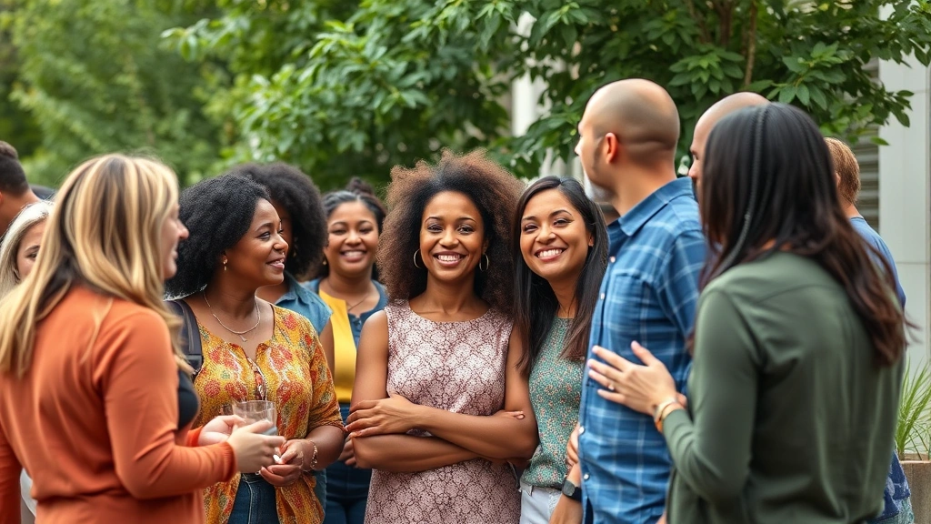 Group of diverse people gathered in meaningful conversation, showing genuine connection and community support, warm and authentic interaction