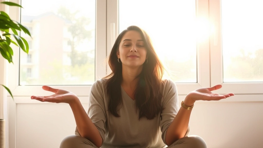 Serene person sitting in sunlight by a window, hands open in a gesture of peace and surrender, soft natural lighting, contemplative expression, morning atmosphere