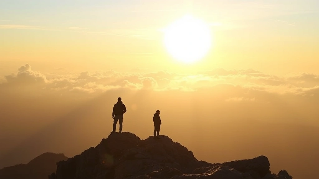 Mountain landscape at sunrise with a solitary figure standing at the peak looking toward the horizon, golden light breaking through clouds, sense of achievement and clarity