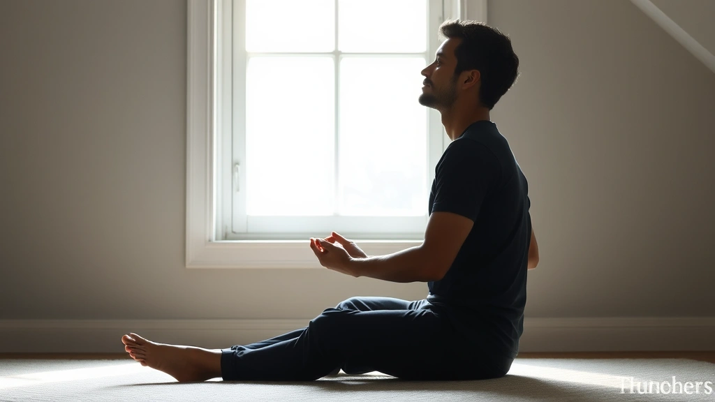 Person sitting in contemplation by a window with natural light streaming in, hands gently clasped, peaceful expression of inner strength and determination, quiet moment of reflection