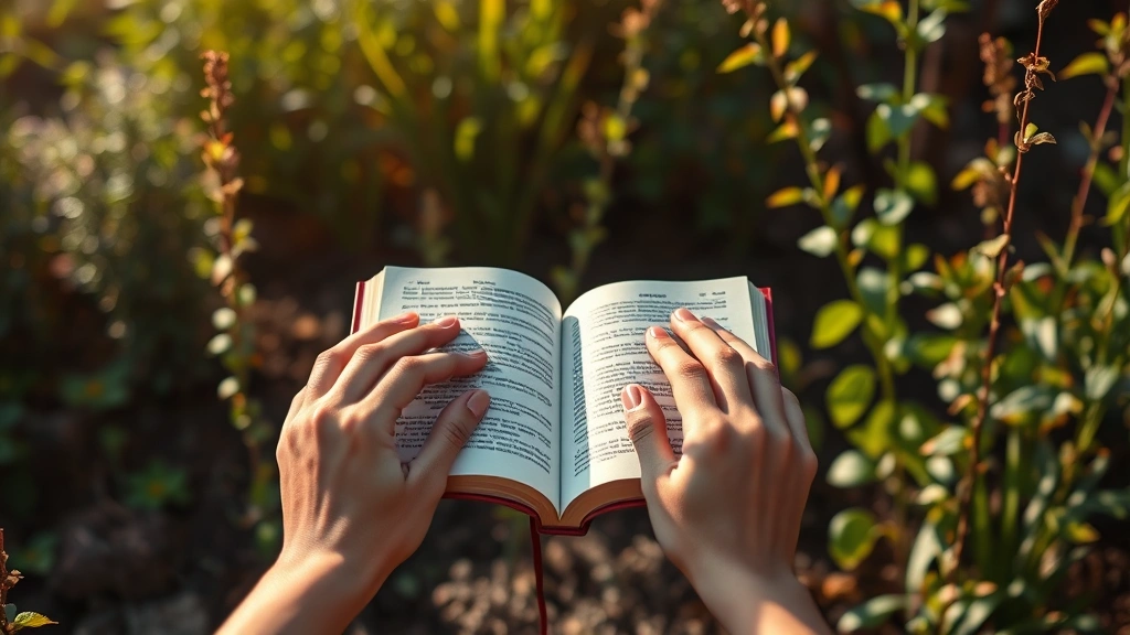 Hands holding an open book in a peaceful garden setting, surrounded by natural growth and light, symbolic of wisdom and reflection, warm earth tones