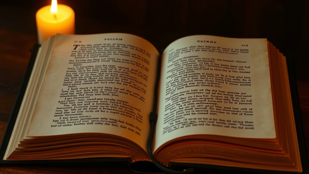 Open ancient manuscript or scripture with warm candlelight illuminating the pages, textured aged paper creating sense of timeless wisdom, atmospheric lighting emphasizing reverence