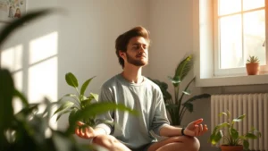 Serene person meditating in sunlit room with plants, peaceful expression, natural light streaming through window, minimalist interior design
