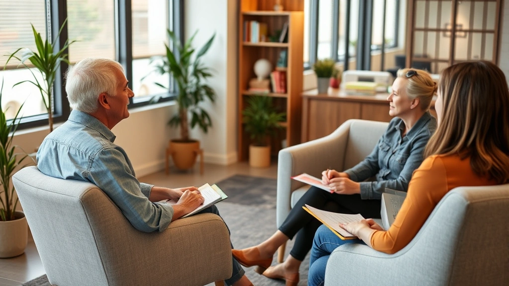 Person in therapy session, sitting comfortably in modern office, therapist taking notes, warm lighting, supportive environment, diverse professionals