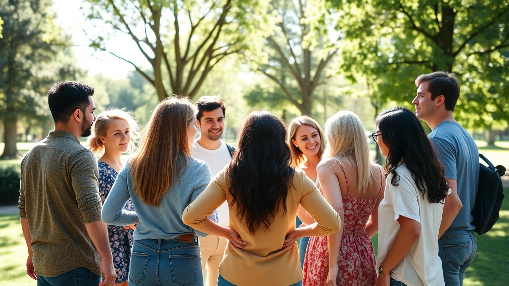 Group of diverse people in supportive circle outdoors, standing together in park, sunlight, positive body language, community connection