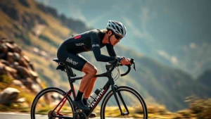 Professional cyclist in racing position on high-end road bike, intense focus, outdoor mountain terrain, dramatic lighting, photorealistic, motion blur slightly visible