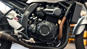 A perfectly maintained motorcycle engine block with clean oil visible, showcasing precision mechanical components in natural workshop lighting with shallow depth of field