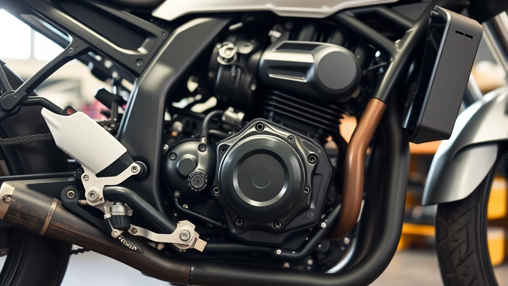 A perfectly maintained motorcycle engine block with clean oil visible, showcasing precision mechanical components in natural workshop lighting with shallow depth of field