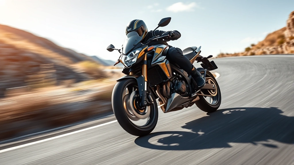 A motorcycle leaning into a smooth mountain curve with dynamic motion blur, showing proper aerodynamic body position and tire grip on asphalt