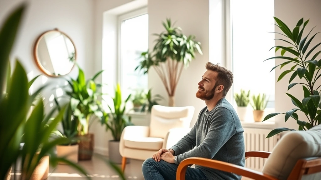 A person sitting in a modern, sunlit therapy office with plants and comfortable seating, looking thoughtful and at peace during a mental health consultation session