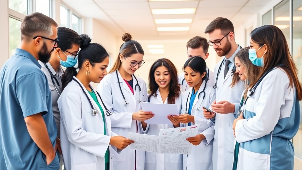 A diverse group of healthcare professionals in clinical attire collaborating around a patient's medical chart in a bright, professional medical setting