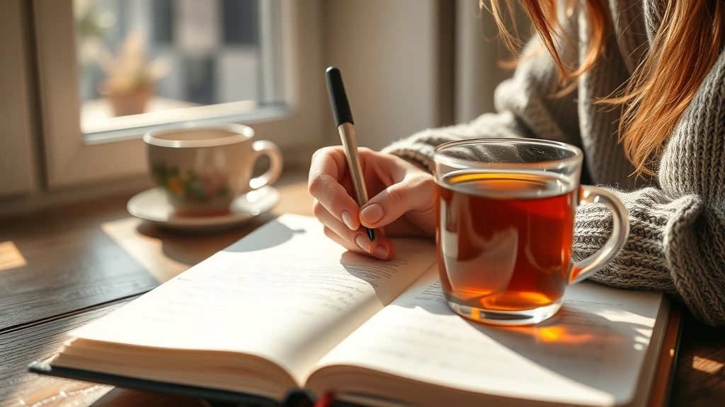 Close-up of someone writing in a journal with a warm cup of tea nearby, sunlight streaming through a window, depicting self-reflection and mental wellness