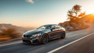 High-performance BMW M-series sports car accelerating on mountain road with dynamic motion blur, professional photography, golden hour lighting, sharp focus on vehicle
