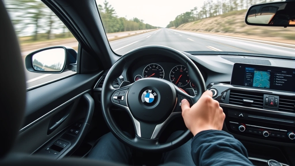 BMW interior dashboard and steering wheel during spirited driving, driver's hands positioned on wheel, blurred road ahead, dynamic perspective showing performance driving focus