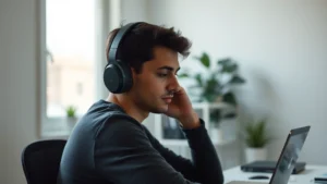 Person wearing over-ear headphones in a minimalist home office, sitting at a desk with a laptop, soft natural light from a window, peaceful concentrated expression, no visible text or numbers