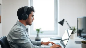 Person wearing over-ear headphones in a minimalist workspace, sitting at a desk with a laptop, appearing focused and calm, natural lighting from window, professional but relaxed posture