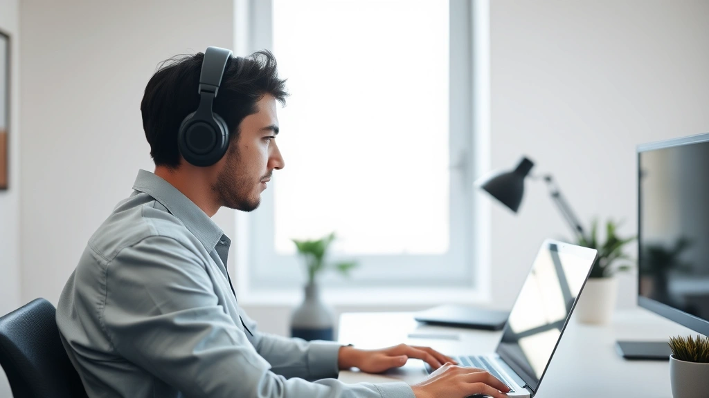 Person wearing over-ear headphones in a minimalist workspace, sitting at a desk with a laptop, appearing focused and calm, natural lighting from window, professional but relaxed posture