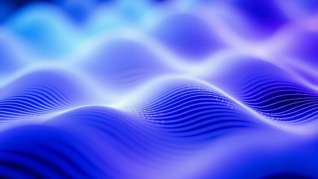 Close-up of sound waves or frequency visualizations in abstract form, showing rippling patterns in blue and purple tones, representing audio frequencies and brain activity