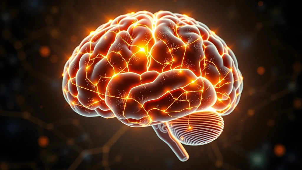 Brain illustration with glowing neural connections and pathways lighting up, representing focus and cognitive activation, modern scientific visualization style, no labels or text