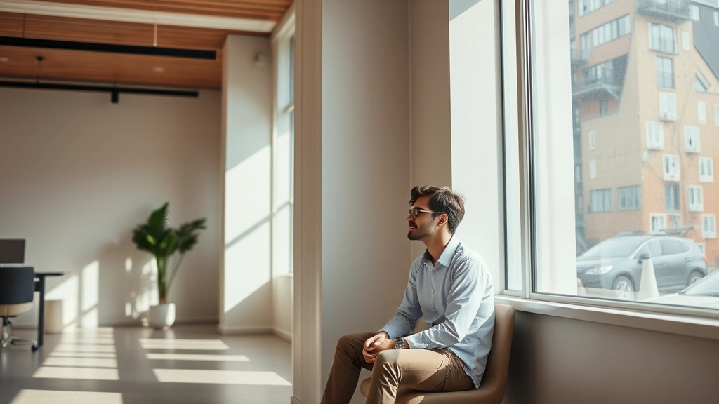 Serene person sitting peacefully by a window in a modern office, natural sunlight streaming in, neutral earth tones, minimalist design, calm contemplative expression, professional setting
