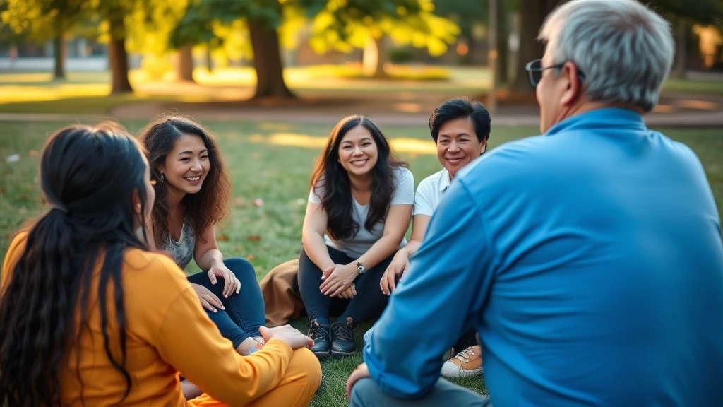 Diverse group of people in a supportive circle during a community wellness workshop, warm lighting, engaged expressions, sitting together outdoors in a natural park setting, genuine connection