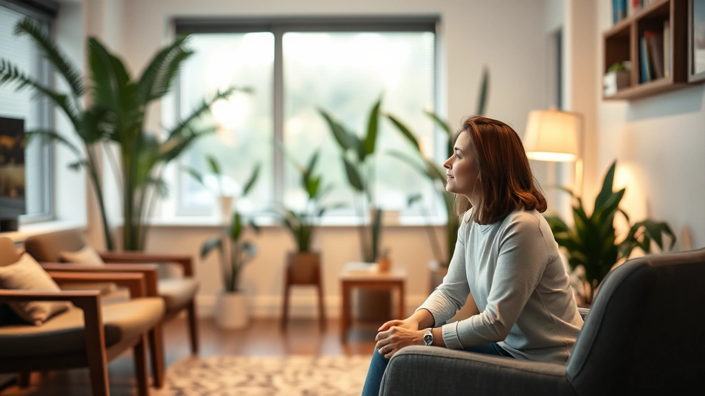 Individual in a comfortable therapy office environment, modern furniture, warm ambient lighting, plants in background, peaceful atmosphere suggesting safety and professional care