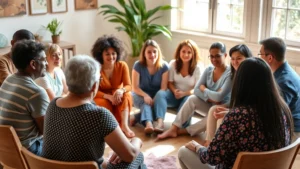 A diverse group of people sitting in a circle during a community support meeting, with warm natural lighting and genuine expressions of connection and listening