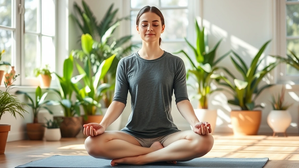 A person practicing meditation or grounding exercises in a peaceful indoor space with plants, natural light, and a calm, centered posture