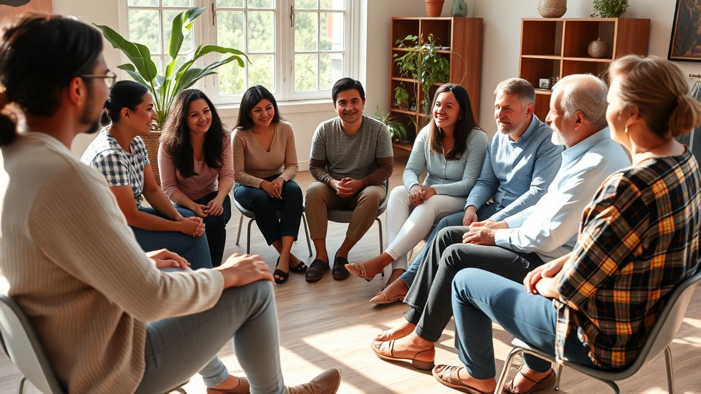 Diverse group of people sitting in a circle during a supportive community gathering, natural light, peaceful indoor setting, people of various ethnicities and ages engaged in conversation