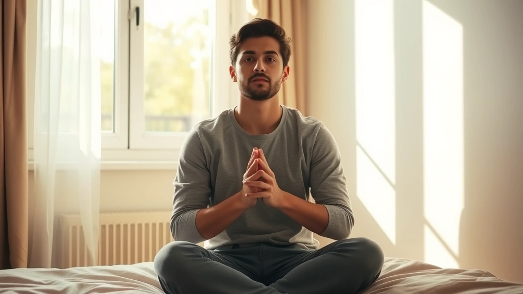Individual sitting peacefully by a window with sunlight streaming in, hands folded thoughtfully, serene bedroom environment, warm natural tones, sense of calm introspection