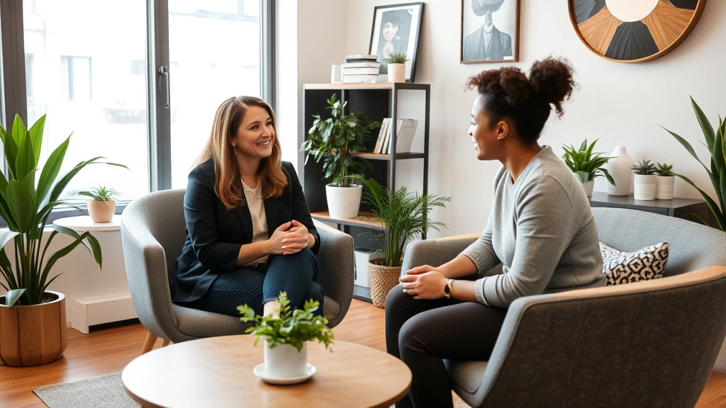 Therapist and client having a meaningful conversation in a modern, welcoming office space, comfortable seating, diverse representation, warm supportive atmosphere