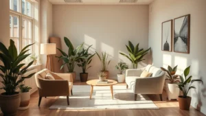 Serene therapeutic environment with warm natural lighting, comfortable seating area, indoor plants, and soft neutral tones creating a calming professional space.