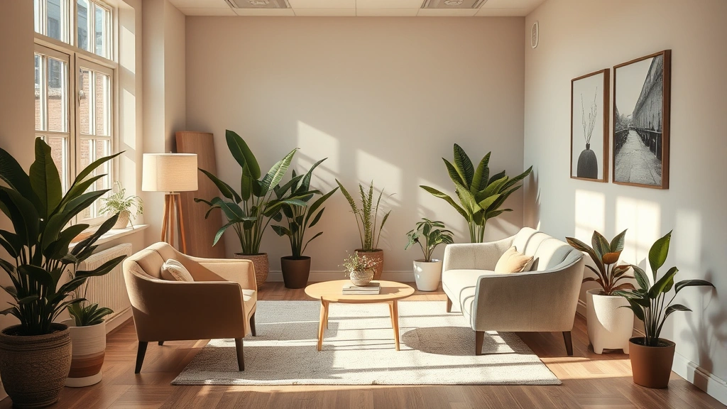 Serene therapeutic environment with warm natural lighting, comfortable seating area, indoor plants, and soft neutral tones creating a calming professional space.
