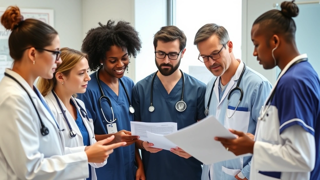 Diverse group of healthcare professionals in clinical setting having collaborative discussion, reviewing documents and charts with focused concentration and teamwork.