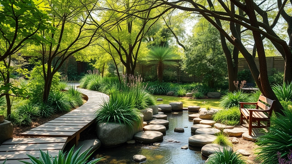 Peaceful outdoor garden sanctuary with walking paths, natural vegetation, benches, natural water features, and dappled sunlight filtering through trees for wellness reflection.
