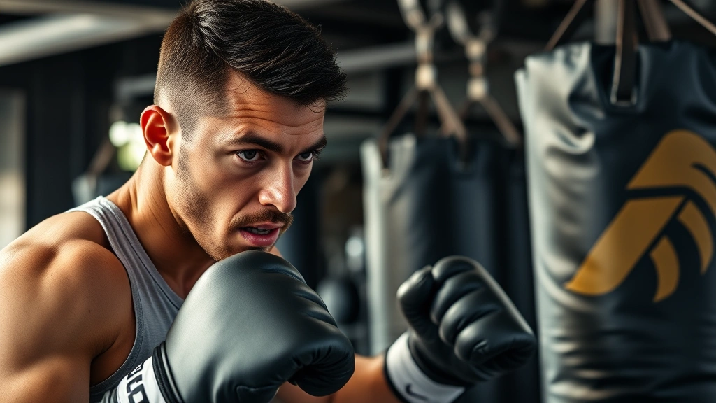Professional fighter in training gym, focused and determined expression, gym environment with heavy bags and equipment, natural lighting, athletic intensity without violence
