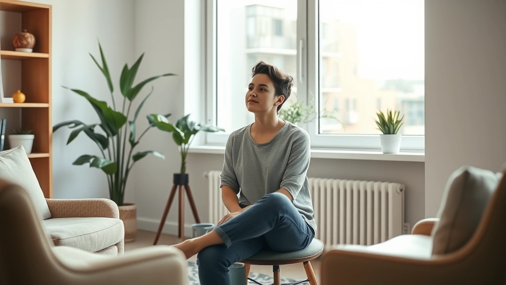 Person sitting peacefully in modern therapy office, natural window light, comfortable seating, contemplative pose suggesting emotional processing and mental clarity
