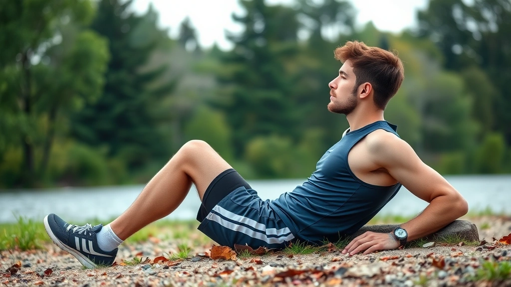 Athlete resting outdoors in nature, peaceful setting with trees or water, relaxed posture suggesting recovery and mental wellness, serene atmosphere