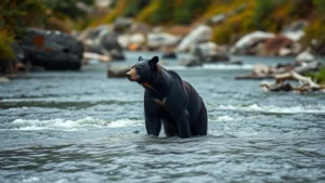 A solitary black bear standing alert in a mountain stream, completely focused and motionless, surrounded by flowing water and forest, photorealistic, emphasizing intense concentration and presence