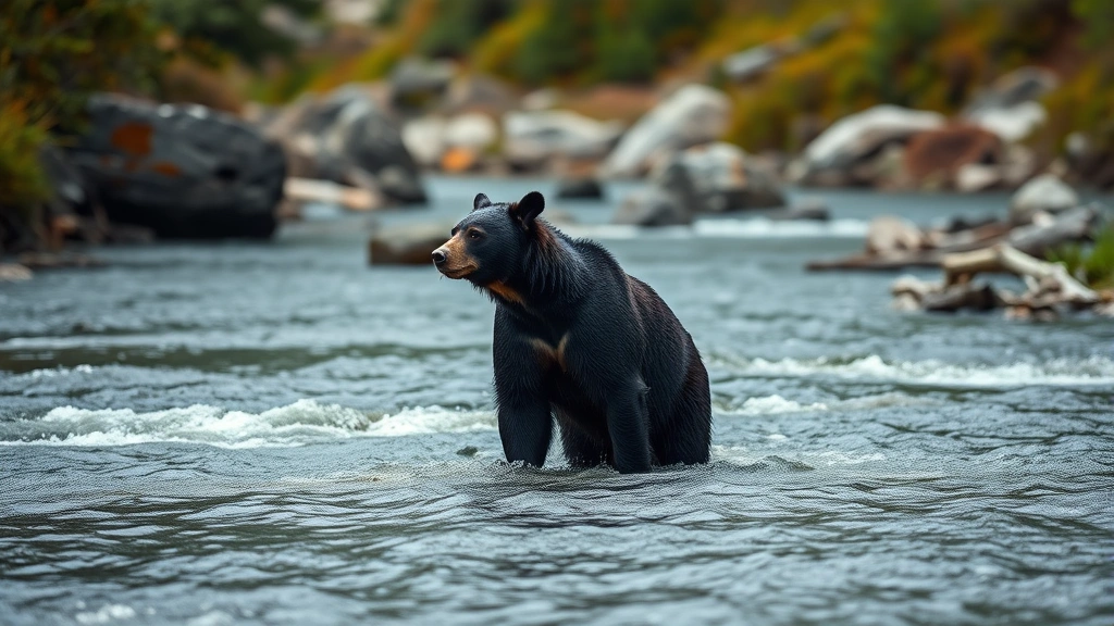 A solitary black bear standing alert in a mountain stream, completely focused and motionless, surrounded by flowing water and forest, photorealistic, emphasizing intense concentration and presence