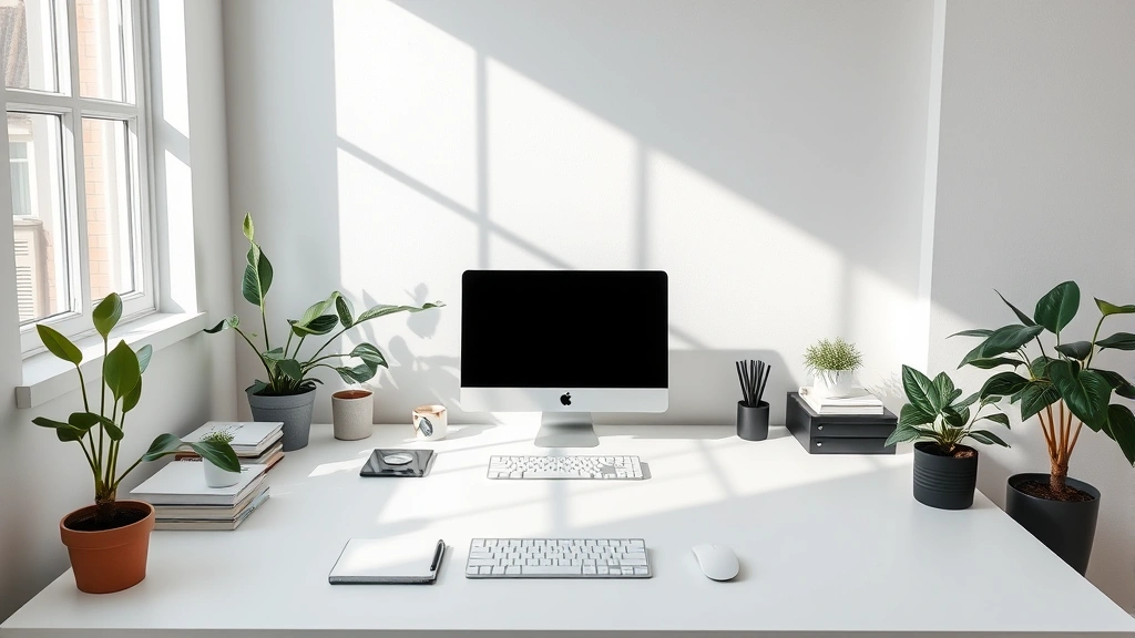 A minimalist, organized workspace with natural lighting, clean desk surface, plants, and a single focused work area, no visible text or screens, serene and distraction-free environment