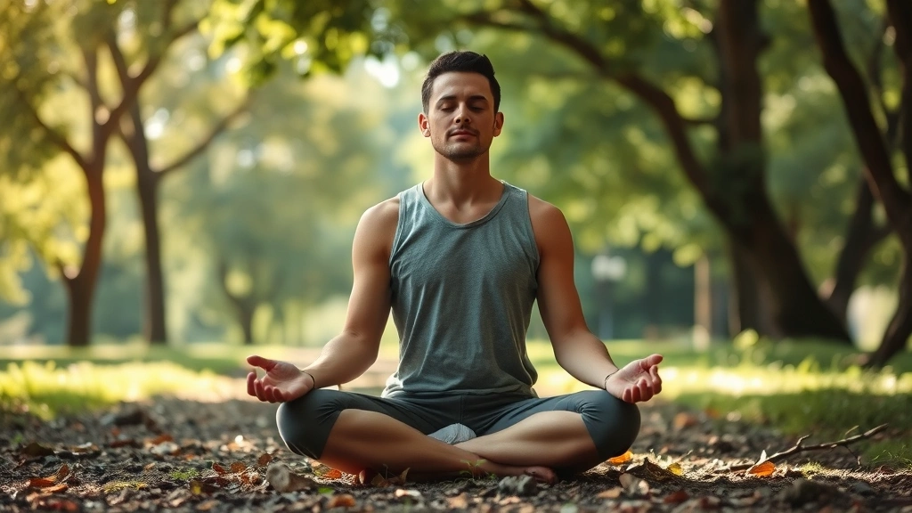 A person in deep meditation or focused work posture, sitting peacefully in a natural setting with trees and soft natural light, conveying calm concentration and mental clarity