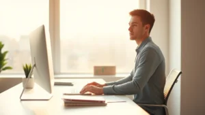 Person sitting at minimalist desk with natural light from large window, calm focused expression, clean workspace with single task material, warm sunlight, serene productivity environment, photorealistic