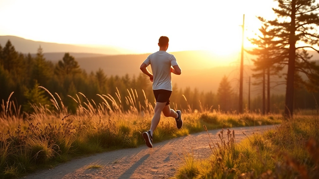 Individual performing outdoor exercise in nature, jogging on forest path during golden hour, peaceful landscape background, clear sky, natural light, athletic movement, health and vitality, photorealistic