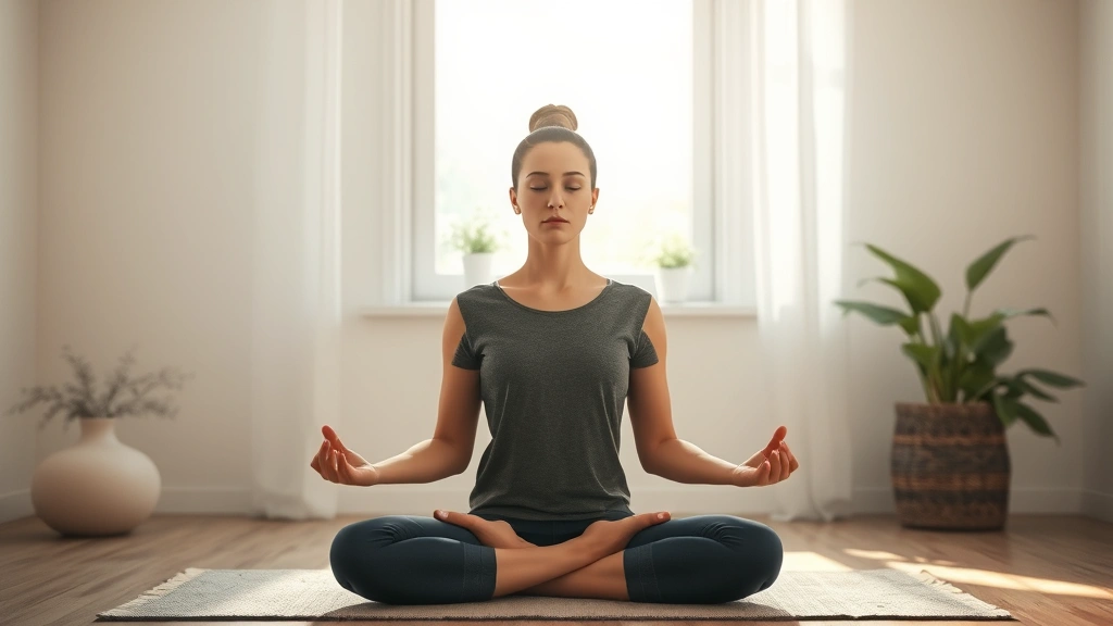 Person meditating in peaceful room with soft natural light, calm posture, serene expression, plants visible, morning light through window, tranquility and mindfulness, photorealistic