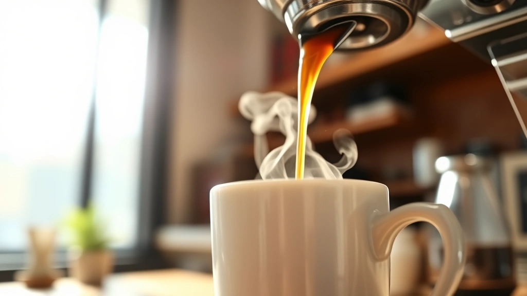 Close-up of coffee being poured into a white mug, steam rising, warm natural lighting, focused depth of field on the liquid, professional coffee shop setting, morning atmosphere