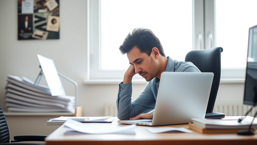 Person sitting at desk with laptop, head resting on hand in concentrated expression, bright natural window light, papers and minimal items on desk, calm workspace environment
