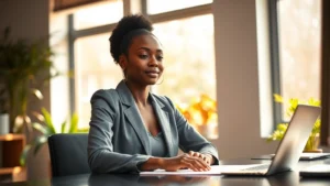 A Black woman in professional attire sitting at a desk with morning sunlight streaming through windows, looking peaceful and focused, hands gently resting on desk, plants visible in background, warm natural lighting, serene expression